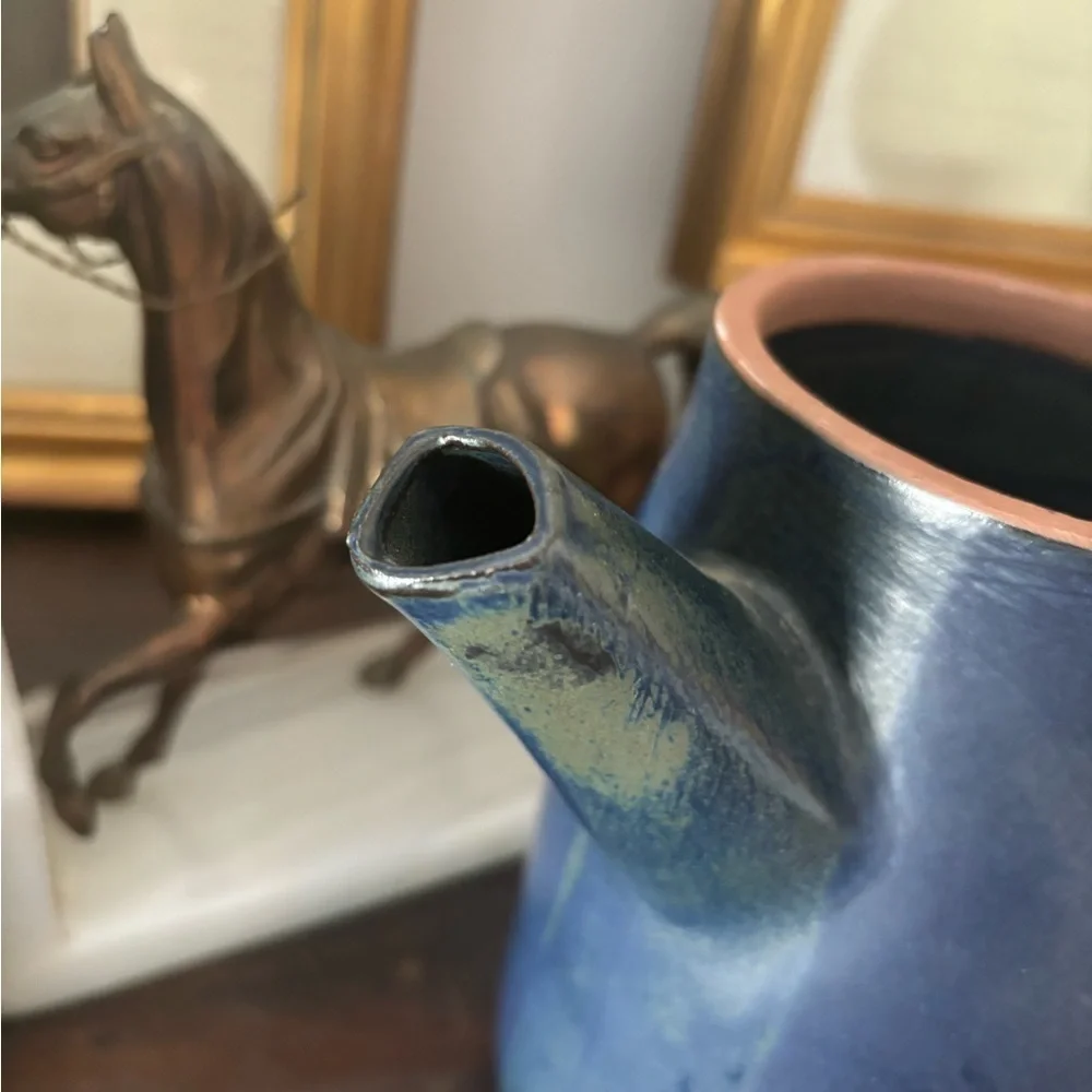 Vintage MCM Redware Pottery Pitcher.  9”T Navy | Unique | Oriental | Mid Century